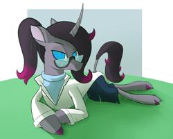 Size: 2500x2000 | Tagged: safe, artist:hitsuji, oleander (tfh), pony, unicorn, them's fightin' herds, clothes, community related, glasses, high res, lab coat, looking at you, lying down, ponytail, simple background, skirt, solo