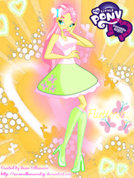 Size: 1200x1600 | Tagged: safe, artist:ravenvillanuevat2p, fluttershy, human, equestria girls, g4, clothes, crossover, cutie mark, equestria girls logo, female, hairpin, hand on face, high heels, humanized, shoes, solo, style emulation, winx, winx club, winxified
