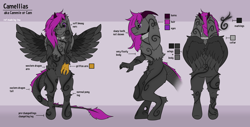 Size: 4240x2160 | Tagged: safe, artist:ina, oc, oc only, oc:camellias, draconequus, bunny ears, changeling leg, chest fluff, collar, corrupted, draconequus oc, dragon claw, dragon tail, fluffy, fluffy tail, full body, griffon claw, horns, magenta mane, markings, messy mane, pony leg, purple eyes, reference sheet, solo, wings
