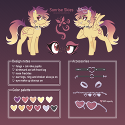 Size: 3500x3500 | Tagged: safe, artist:monnarcha, oc, oc only, oc:sunrise skies, pegasus, pony, choker, fangs, female, high res, mare, piercing, reference sheet, solo