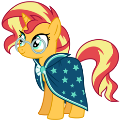 Size: 1024x1024 | Tagged: safe, artist:emeraldblast63, sunburst, sunset shimmer, pony, unicorn, g4, brooch, brother and sister, cloak, clothes, clothes swap, cute, glasses, implied sunburst, jewelry, shimmerbetes, siblings, solo, sunburst's brooch, sunburst's cloak, sunny siblings