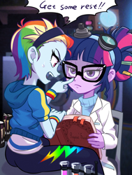 Size: 680x900 | Tagged: safe, artist:ta-na, rainbow dash, sci-twi, twilight sparkle, eqg summertime shorts, equestria girls, equestria girls series, mad twience, alternate hairstyle, bags under eyes, book, boop, butt, clothes, dialogue, energy drink, fangs, glasses, headband, hoodie, lab coat, lidded eyes, monster energy, rainbutt dash, requested art, sci-twi is not amused, science, short hair, sweat, tired, twilight sparkle is not amused, unamused, wristband