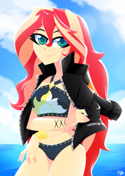 Size: 2249x3153 | Tagged: safe, artist:xan-gelx, sunset shimmer, equestria girls, g4, bikini, breasts, clothes, female, high res, jacket, looking at you, smiling, solo, summer sunset, sunset shimmer's beach shorts swimsuit, swimsuit