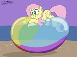 Size: 3800x2812 | Tagged: safe, artist:rupert, fluttershy, pegasus, pony, g4, balloon riding, beach, beach ball, cute, female, fetish, happy, high res, inflatable, inflatable fetish, inflatable toy, lying down, mare, prone, shyabetes, smiling, solo, squishy