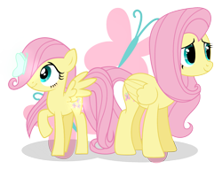 Size: 2501x1909 | Tagged: safe, artist:starshine-sentryyt, fluttershy, butterfly, pony, g4, cutie mark background, duality, female, filly, filly fluttershy, self ponidox, simple background, time paradox, transparent background, younger