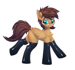 Size: 1280x1210 | Tagged: safe, artist:pony-butt-express, oc, oc only, oc:kuri, pegasus, pony, chest fluff, clothes, coat markings, female, folded wings, latex, latex socks, mare, simple background, smiling, socks, solo, white background, wings