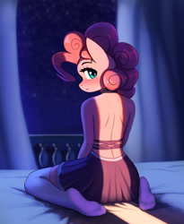 Size: 1639x2000 | Tagged: safe, artist:mrscroup, pinkie pie, anthro, plantigrade anthro, g4, adorasexy, bed, clothes, cute, diapinkes, feet, female, foot focus, looking at you, looking back, looking back at you, night, no tail, on bed, sexy, skirt, socks, solo, stocking feet