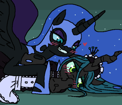 Size: 1148x988 | Tagged: artist needed, safe, nightmare moon, queen chrysalis, alicorn, changeling, changeling queen, pony, g4, blushing, clothes, female, heart, lesbian, maid, mare, ship:chrysmoon, shipping