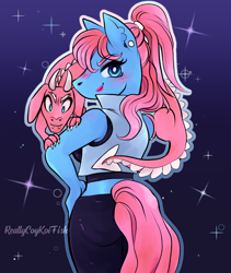 Size: 1600x1900 | Tagged: safe, artist:reallycoykoifish, oc, oc:reallycoykoipony, earth pony, pony, anthro, dragon pet, earth pony oc, pink dragon, pink hair, ponytail, simple background, torn ear