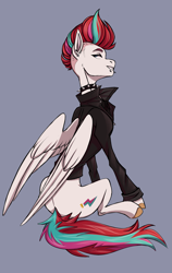 Size: 1225x1937 | Tagged: safe, artist:1an1, zipp storm, pegasus, pony, g5, alternate hairstyle, choker, clothes, collar, ear piercing, female, gray background, looking back, mare, piercing, simple background, sitting, solo, spiked choker, spiked collar, unshorn fetlocks, wings
