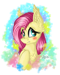 Size: 1920x2401 | Tagged: safe, artist:julunis14, fluttershy, pegasus, pony, g4, blushing, bust, cheek feathers, chest feathers, cute, digital art, ear feathers, feather, female, high res, mare, medibang paint, portrait, signature, simple background, solo, transparent background