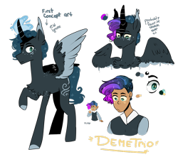 Size: 1704x1508 | Tagged: safe, artist:sugarysharky, oc, oc only, oc:demetrio, alicorn, human, pony, chest fluff, glowing horn, horn, humanized, humanized oc, male, offspring, parent:princess luna, parent:unknown, reference sheet, simple background, solo, stallion, transparent background