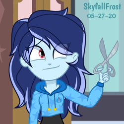 Size: 1448x1448 | Tagged: safe, artist:skyfallfrost, oc, oc only, oc:sky chaser (skyfallfrost), equestria girls, g4, clothes, hoodie, scissors, solo
