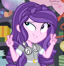 Size: 1448x1498 | Tagged: safe, artist:skyfallfrost, oc, oc only, oc:midnight lullaby, equestria girls, g4, air quotes, clothes, headphones, heterochromia, solo