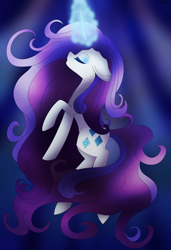 Size: 2023x2963 | Tagged: safe, artist:melodysweetheart, rarity, pony, unicorn, g4, collaboration, colored pupils, crepuscular rays, eyes closed, female, flowing mane, flowing tail, glowing horn, high res, horn, looking up, ocean, signature, solo, underwater, water