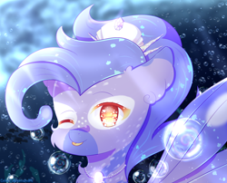 Size: 2400x1936 | Tagged: safe, artist:colorfuldiamondpl, oc, oc only, fish, seapony (g4), bubble, commission, crepuscular rays, crown, female, fin wings, freckles, headshot commission, jewelry, looking at you, necklace, ocean, one eye closed, orange eyes, pearl necklace, regalia, seaweed, solo, sunlight, tongue out, underwater, water, wings, wink