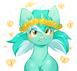 Size: 1266x1173 | Tagged: safe, artist:pledus, lyra heartstrings, butterfly, pony, unicorn, g4, blushing, bust, cute, female, floral head wreath, flower, looking at you, lyrabetes, mare, pigtails, simple background, solo, white background