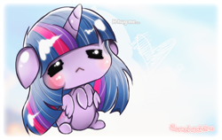 Size: 1000x632 | Tagged: safe, artist:jamchushine, twilight sparkle, alicorn, pony, g4, :<, chibi, cute, daaaaaaaaaaaw, eyes closed, floppy ears, heart, hnnng, hooves to the chest, hug request, sitting, solo, twiabetes, twilight sparkle (alicorn)