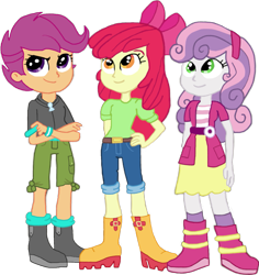 Size: 1415x1501 | Tagged: safe, artist:jebens1, artist:therandomone95, apple bloom, scootaloo, sweetie belle, equestria girls, g4, adorabloom, apple bloom's bow, belt, boots, bow, clothes, crossed arms, cute, cutealoo, cutie mark crusaders, diasweetes, hair bow, hand on hip, hoodie, jacket, jeans, legs, looking at something, looking up, pants, shirt, shoes, shorts, skirt, smiling