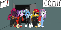 Size: 6000x3000 | Tagged: safe, artist:appleneedle, artist:icicle-niceicle-1517, color edit, edit, fizzlepop berrytwist, potion nova, starlight glimmer, sunset shimmer, tempest shadow, trixie, pony, unicorn, g4, g4.5, my little pony: pony life, alternate hairstyle, armor, banner, batgirl, boots, broken horn, clothes, collaboration, colored, comic con, cosplay, costume, crossover, cute, dc comics, deathstroke, door, eyepatch, female, fishnet stockings, g4.5 to g4, gloves, grin, hammer, harley quinn, hat, horn, jacket, leather jacket, mallet, mare, mask, open mouth, raised hoof, shirt, shoes, skirt, smiling, suit, supergirl, sword, text, top hat, weapon, zatanna