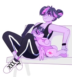 Size: 1051x1116 | Tagged: safe, artist:aaa-its-spook, twilight sparkle, alicorn, pony, equestria girls, bench, clothes, eyes closed, hair bun, human ponidox, petting, self ponidox, shoes, sitting, sleeping, sneakers, sports outfit, tanktop, twilight sparkle (alicorn), wristband