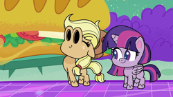 Size: 1920x1080 | Tagged: safe, screencap, applejack, twilight sparkle, alicorn, earth pony, pony, g4.5, my little pony: pony life, the comet section, spoiler:pony life s02e03, applejack's hat, cowboy hat, duo, duo female, eyes closed, female, food, giant food, hat, mare, nostrils, sniffing, submarine sandwich, twilight sparkle (alicorn)