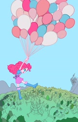 Size: 1321x2048 | Tagged: safe, artist:binco_293, pinkie pie, equestria girls, g4, balloon, bow, canterlot, clothes, female, floating, flying, happy, open mouth, ponk, ponyville, ponyville town hall, skirt, smiling, solo, then watch her balloons lift her up to the sky