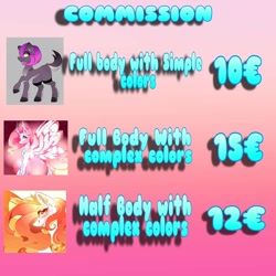 Size: 1080x1080 | Tagged: safe, artist:tessa_key_, princess cadance, oc, alicorn, earth pony, pony, advertisement, colored hooves, commission info, earth pony oc, eyelashes, female, fishnets, gradient background, horn, mare, wings