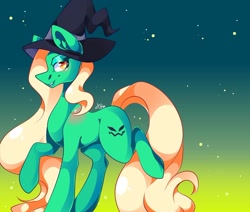 Size: 1080x915 | Tagged: safe, artist:tessa_key_, oc, oc only, earth pony, pony, abstract background, earth pony oc, hat, raised hoof, solo, witch hat