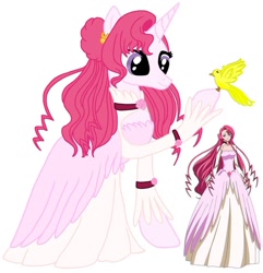 Size: 1080x1121 | Tagged: safe, artist:ponyrefaa, alicorn, bird, human, pony, choker, clothes, code geass, crossover, dress, duo, euphemia li britannia, eyelashes, horn, ponified, simple background, white background, wings