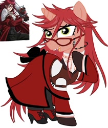 Size: 1080x1279 | Tagged: safe, artist:ponyrefaa, human, pony, unicorn, black butler, clothes, crossover, dress, duo, glasses, grell sutcliff, high heels, horn, looking back, ponified, shoes, simple background, white background