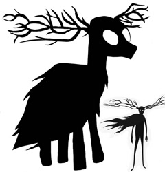 Size: 1080x1125 | Tagged: safe, artist:ponyrefaa, human, pony, antlers, cloak, clothes, crossover, duo, glowing, glowing eyes, over the garden wall, ponified, silhouette, simple background, the beast, white background
