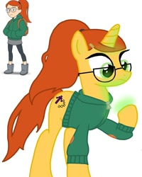 Size: 1080x1350 | Tagged: safe, artist:ponyrefaa, human, pony, unicorn, 2021, boots, clothes, crossover, duo, female, glasses, glowing hooves, horn, infinity train, mare, ponified, shoes, simple background, tulip olsen, white background
