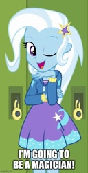 Size: 433x848 | Tagged: safe, trixie, equestria girls, equestria girls series, forgotten friendship, g4, caption, image macro, imgflip, one eye closed, text, wink