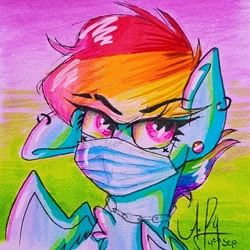Size: 728x728 | Tagged: safe, artist:galaxy.in.mind, rainbow dash, pegasus, pony, g4, bust, ear piercing, earring, eyelashes, face mask, female, jewelry, mare, mask, piercing, pride flag, signature, solo, traditional art, wings