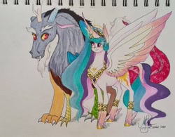 Size: 1080x844 | Tagged: safe, artist:galaxy.in.mind, discord, princess celestia, alicorn, draconequus, pony, g4, colored hooves, curved horn, female, horn, male, mare, peytral, ship:dislestia, shipping, signature, smiling, straight, traditional art, wings