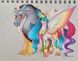Size: 1079x843 | Tagged: safe, alternate version, artist:galaxy.in.mind, discord, princess celestia, alicorn, draconequus, pony, g4, colored hooves, curved horn, female, horn, male, mare, peytral, ship:dislestia, shipping, signature, smiling, straight, traditional art, wings