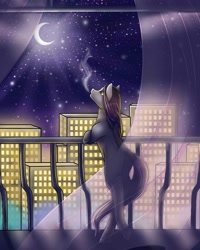 Size: 1080x1351 | Tagged: safe, artist:pony_riart, oc, oc only, earth pony, pony, balcony, building, crescent moon, earth pony oc, female, looking up, mare, moon, night, outdoors, smoking, solo, transparent moon