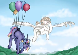 Size: 1080x764 | Tagged: safe, artist:pony_riart, oc, oc only, pegasus, pony, unicorn, balloon, cloud, duo, eyes closed, female, floating, flying, horn, mare, outdoors, pegasus oc, spread wings, then watch her balloons lift her up to the sky, unicorn oc, wings