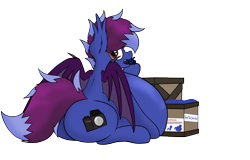 Size: 3200x2048 | Tagged: safe, artist:aaatheballoon, oc, oc only, oc:aaaaaaaaaaa, bat pony, pony, bat pony oc, belly, big belly, blueberry, blueberry inflation, butt, food, gum, high res, huge belly, inflation, looking at you, looking back, looking back at you, male, male oc, plot, pony oc, simple background, sitting, solo, stallion, stallion oc, stuffing, transparent background