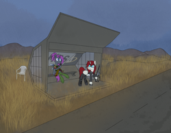 Size: 4500x3500 | Tagged: safe, artist:toricelli, oc, oc only, oc:rosiesquish, oc:violet nebula, changeling, pony, unicorn, adidas, armor, boots, bus stop, clothes, cloud, cloudy, froggy boots, gloves, grass, grass field, mountain, mountain range, rain, rust, shoes, socks, thigh highs, weapon