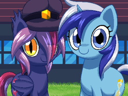 Size: 800x600 | Tagged: safe, artist:rangelost, minuette, oc, oc:moonflower, bat pony, pony, unicorn, cyoa:d20 pony, g4, bat pony oc, cap, duo, female, grass, hat, looking at you, mare, outdoors, pixel art