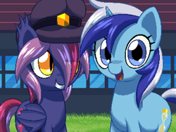 Size: 800x600 | Tagged: safe, artist:rangelost, minuette, oc, oc:moonflower, bat pony, pony, unicorn, cyoa:d20 pony, g4, bat pony oc, cap, duo, female, grass, hat, looking at you, mare, outdoors, pixel art, smiling, talking to viewer