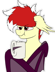 Size: 2170x2816 | Tagged: safe, artist:aaathebap, oc, oc only, oc:aaaaaaaaaaa, bat pony, pony, annoyed, bat pony oc, chocolate, cup, floppy ears, food, high res, hot chocolate, male, male oc, messy, messy mane, morning, pony oc, solo, stallion, stallion oc, sticker, wing hold, wings