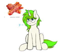 Size: 2167x1918 | Tagged: safe, artist:aaathebap, oc, oc:vinyl mix, pony, unicorn, bacon, confused, food, funny, high res, lost, meat, sitting, solo, why