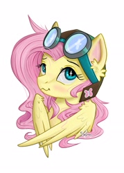 Size: 2066x2893 | Tagged: safe, artist:lailyren, fluttershy, pegasus, pony, g4, aviator goggles, aviator hat, blushing, bust, cute, ear fluff, female, goggles, hat, high res, mare, shyabetes, simple background, solo, wavy mouth, white background