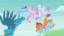 Size: 1280x720 | Tagged: safe, screencap, gallus, ocellus, silverstream, smolder, changedling, changeling, dragon, griffon, hippogriff, g4, my little pony: friendship is magic, school daze, dragoness, female