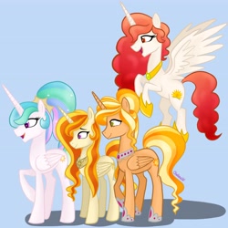 Size: 4096x4096 | Tagged: safe, artist:chelseawest, princess celestia, oc, oc:sol, oc:solstice, oc:sunny glow, alicorn, pony, g4, descendant, female, flying, granddaughter, grandmother and grandchild, grandmother and granddaughter, great grandchild, great granddaughter, great grandmother, momlestia, mother and child, mother and daughter, offspring, offspring's offspring, parent:oc:golden spear, parent:oc:lucky blaze, parent:oc:sol, parent:oc:solar eclipse, parent:oc:sunny glow, parent:princess celestia, parents:canon x oc, parents:oc x oc, petalverse, royalty