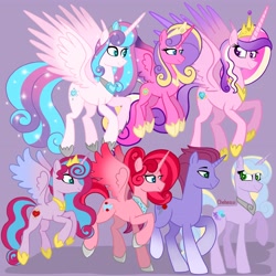 Size: 4096x4096 | Tagged: safe, artist:chelseawest, princess cadance, princess flurry heart, princess skyla, oc, oc:globe thistle, oc:lilac hearts, oc:mi amore rose heart, oc:mi amore ruby heart, alicorn, pony, unicorn, g4, adult, alicorn oc, aunt and nephew, aunt and niece, descendant, father and child, father and daughter, female, grandmother and grandchild, grandmother and granddaughter, grandmother and grandson, great granddaughter, great grandmother, horn, male, mama cadence, mama flurry, mama skyla, mother and child, mother and daughter, offspring, offspring's offspring, older, older flurry heart, older princess cadance, older skyla, parent:oc:glimmering shield, parent:oc:globe thistle, parent:oc:mi amore rose heart, parent:oc:silk tie, parent:oc:sweet chamomile, parent:oc:tempered beauty, parent:princess flurry heart, parent:princess skyla, parents:canon x oc, petalverse, royalty, siblings, sisters, wings