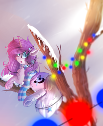 Size: 1736x2113 | Tagged: safe, artist:mediasmile666, oc, oc only, pony, unicorn, branches, christmas ornament, clothes, decoration, female, looking back, mare, ornament, scarf, snow, snowfall, socks, tongue out, winter
